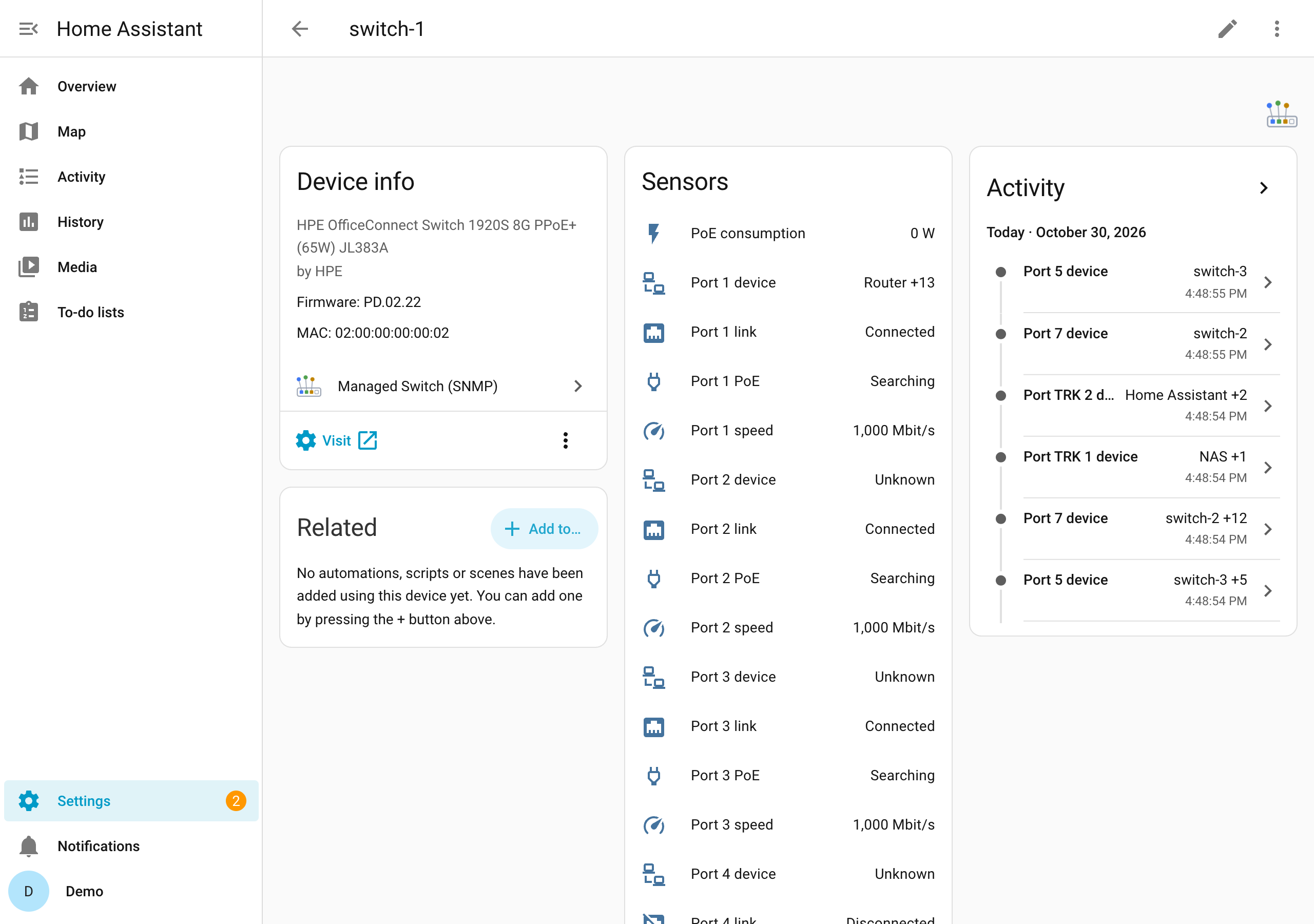 A switch's device page: PoE consumption, and per port the device, link, PoE and speed