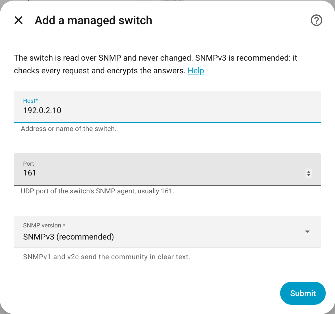 The first step: host, port and SNMP version