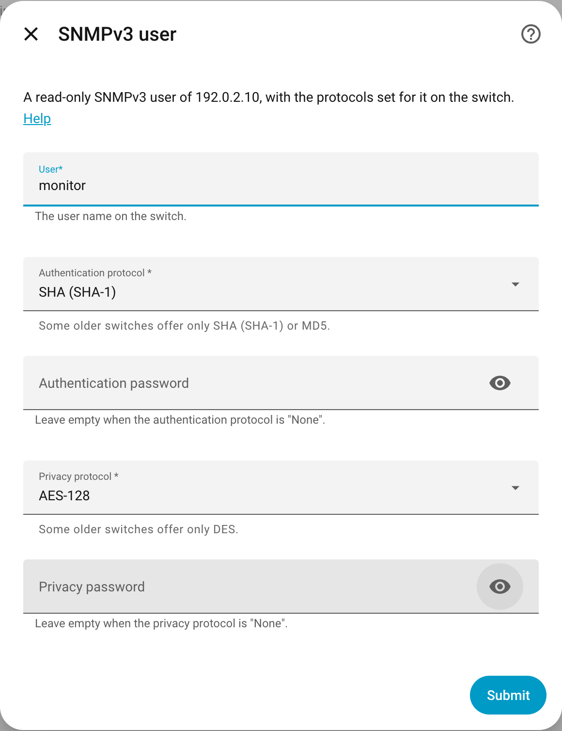 The second step for SNMPv3: user, protocols and passwords